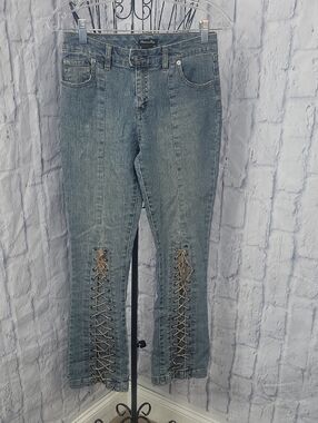 Vintage Y2K Platinum Edge Lace-Up Light Wash Distressed Bootcut Jeans‎ 14